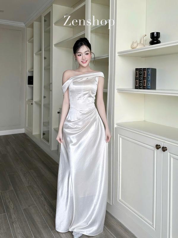    Không Dây Vai   Đầm Dự Tiệc Lụa Dáng Dài Cổ Lệch Hở Vai Sang Trọng Thanh Lịch – Tira Dress 