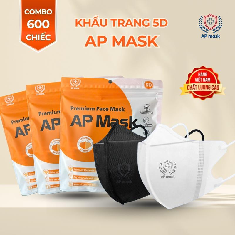 AP Mask - Combo 600 chiếc Khẩu Trang 5D AP MASK 3 Lớp Kháng Khuẩn Chống Tia UV Thon Gọn Khuôn Mặt Chất Lượng Cao khẩu trang che kín mặt