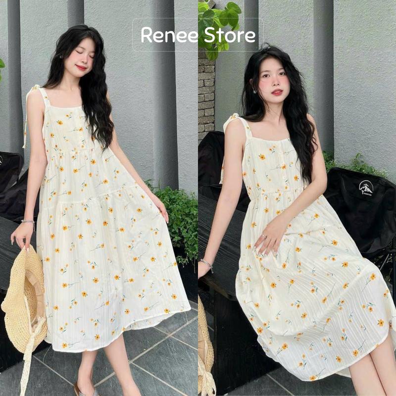 Váy hai dây hoa nhí, đầm babydoll Nữ buộc nơ vai chất đũi mềm hai lớp thời trang đi biển - V311 Dress Voan