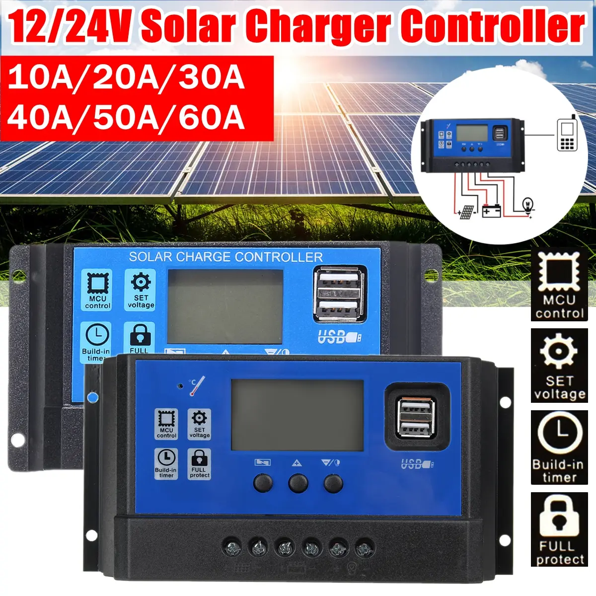 10A 20A 30A 100A Auto Solar Charge Controller 12V 24V PWM LCD Dual USB PV Home Battery Charger Regulator