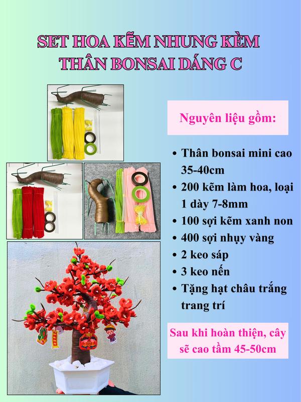  Set Kẽm Nhung sẵn thân bonsai 35-40cm tự làm hoa mai đào tết 2026 Decor nhà cửa set làm hoa kẽm nhung chưng Tết Bính Ngọ Để Bàn Nhựa 