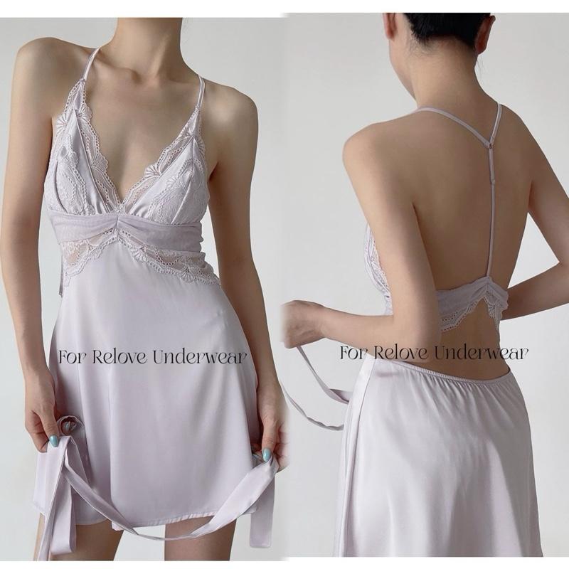 V437 - Váy ngủ lụa cao cấp phối ren có đệm mút lưng hở dây đan chữ Y hàng chuẩn QC loại 1 cao cấp