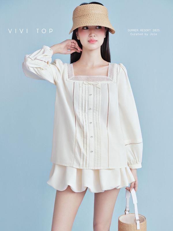 JOIE DES ROSES - Áo thô dài tay cổ vuông phối ren dệt hoa VIVI TOP