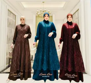 URBAN ATTIER Lunara Lace Gamis Lebaran 2026 Pesta Kondangan Elegan Mewah Bahan Ceruty Anti Kusut Emerald Blue viral 2026 Lagi Viral2025 Coklat Navy Pink Variasi Dress Kancing Muslim Panjang Wanita Lebaran