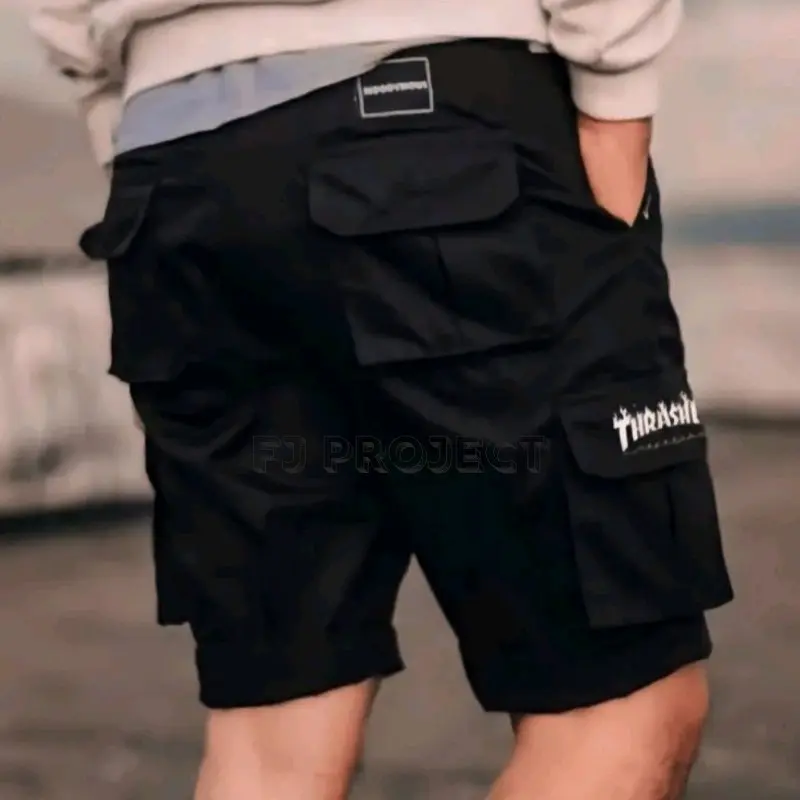CARGO PANTS Distro BORDIR Thrasher Model Pinggang Reff Style Holigan Celana Hitam Tebal