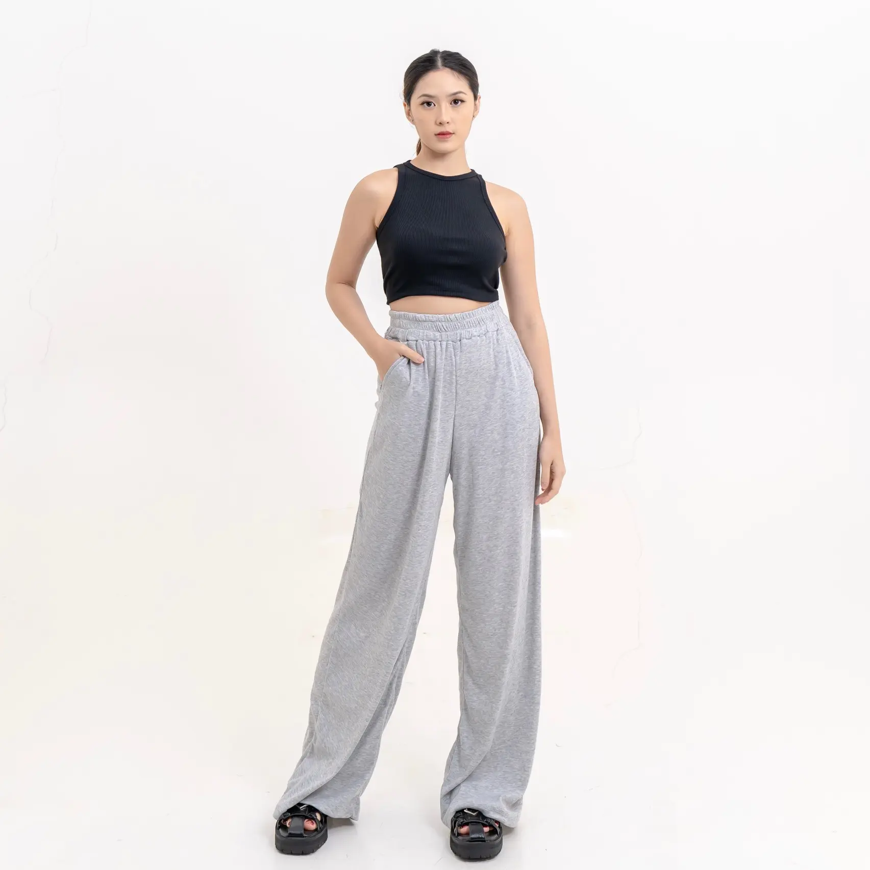Georgios Women | Loui Pants | Celana Panjang Wanita Kekinian Kulot Casual Rib Karet Dewasa Loose Hitam Cewek Basic Tebal Pakaian Rip