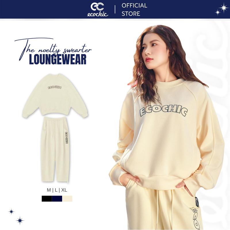 Set Bộ Quần Nỉ Ống Rộng ECOCHIC Lót Da Cá Chính Hãng Cao Cấp Cạp Cao Thể Thao Năng Động B107 B101