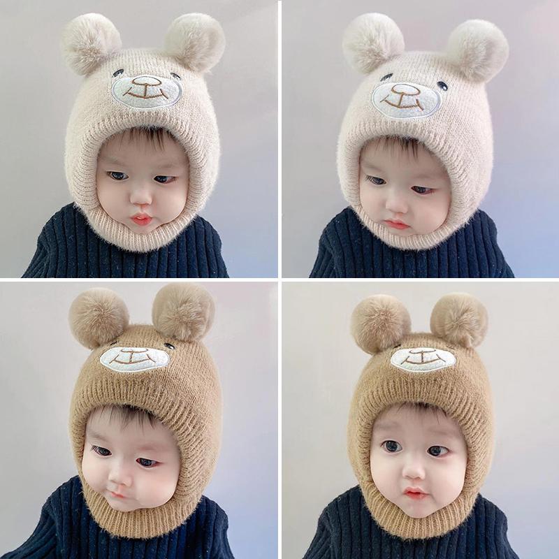 Mũ Len Dệt Kim, Thiết Kế Hình Gấu Hoạt Hình Dễ Thương Cho Bé, Mũ Che Cổ Ấm Áp, Bông Bơm Đôi, Thích Hợp Cho Mùa Thu Và Mùa Đông, Cho Trẻ Mới Biết Đi Và Trẻ Em, Mũ Bảo Vệ Tai