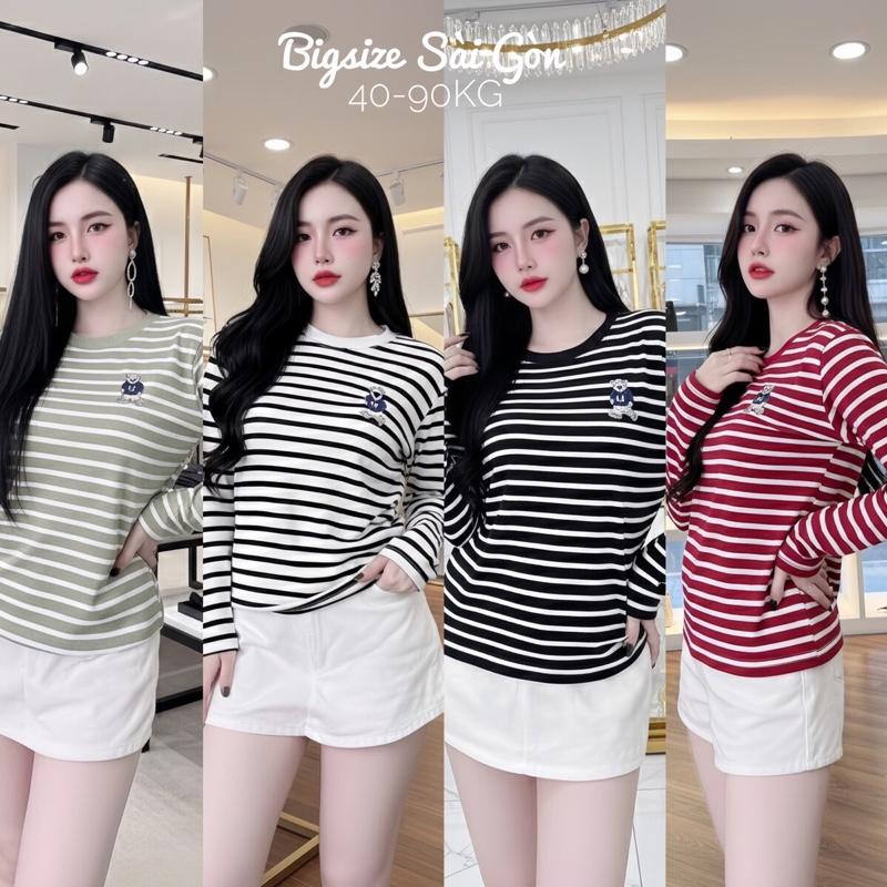 Bigsize Sài Gòn Áo Thun Nữ Tay Dài Thêu Gấu Basic Vải Borit Sọc Cao Cấp Thanh Lịch Bigsize 45–90kg Dễ Thương Nữ Women Top Nhung - B.1699