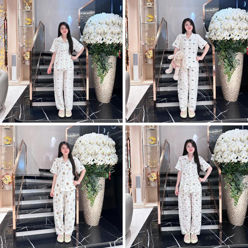 Bộ pyjama Đồ ngủ Nữ Quần Dài Nhiều Hình Dễ Thương Chất Vải Đũi hàn Mềm Nhẹ