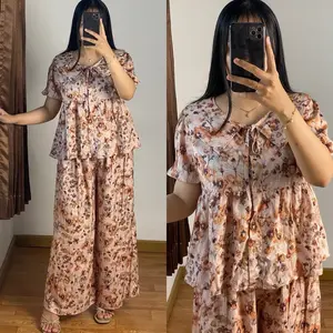 Setelan Adira Tangan Pendek Full Kancing Celana Kulot Bumil Busui Friendly - Wanita Dewasa Rayon Diamond Super Flowi- Baju, Atasan Nyaman Motif Lembut Variasi