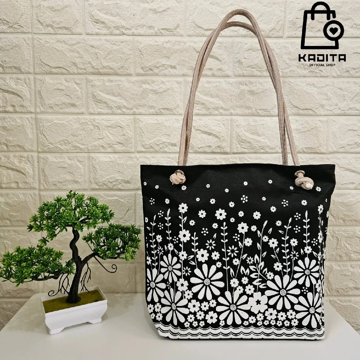Kadita - Tas Wanita Tote Bag Kanvas Poliester Motif Bunga Tali Sumbu Kekinian Terbaru Estetik Batik Totebag