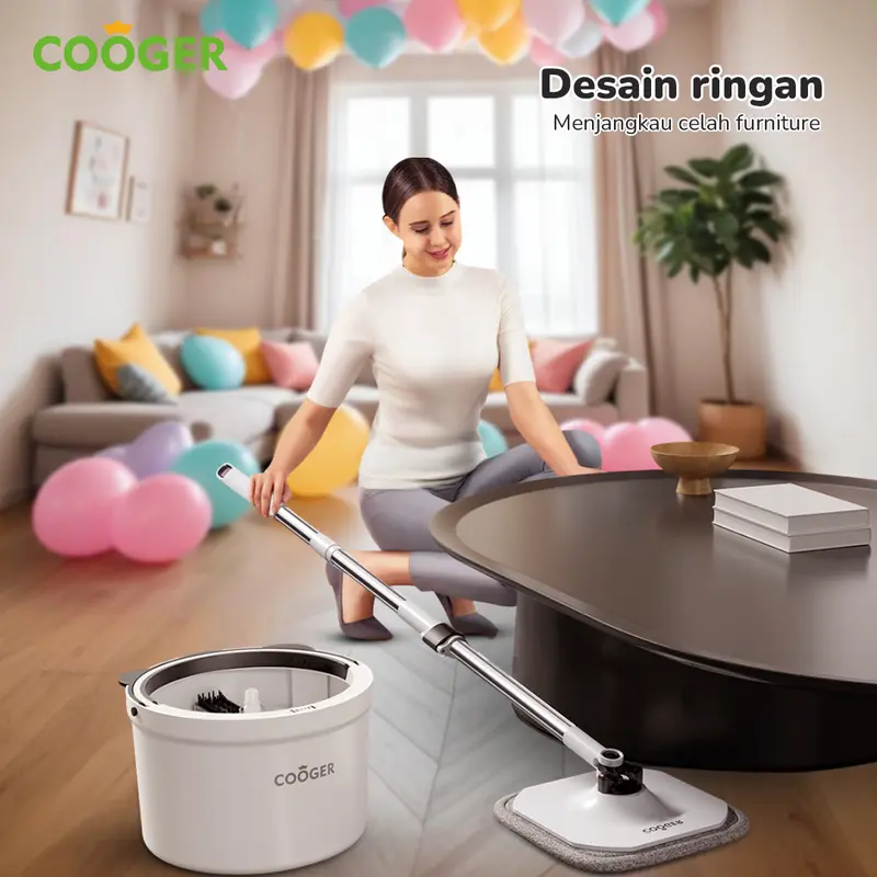 COOGER Alat Pel Lantai Putar Plus Bentuk Panda Single Bucket Plus Spin Mop 2IN1 Panda Dual Teknologi Pemisah Air Kotor Dan Bersih Dalam Satu Ember Kain Stainless Hitam Pink 5
