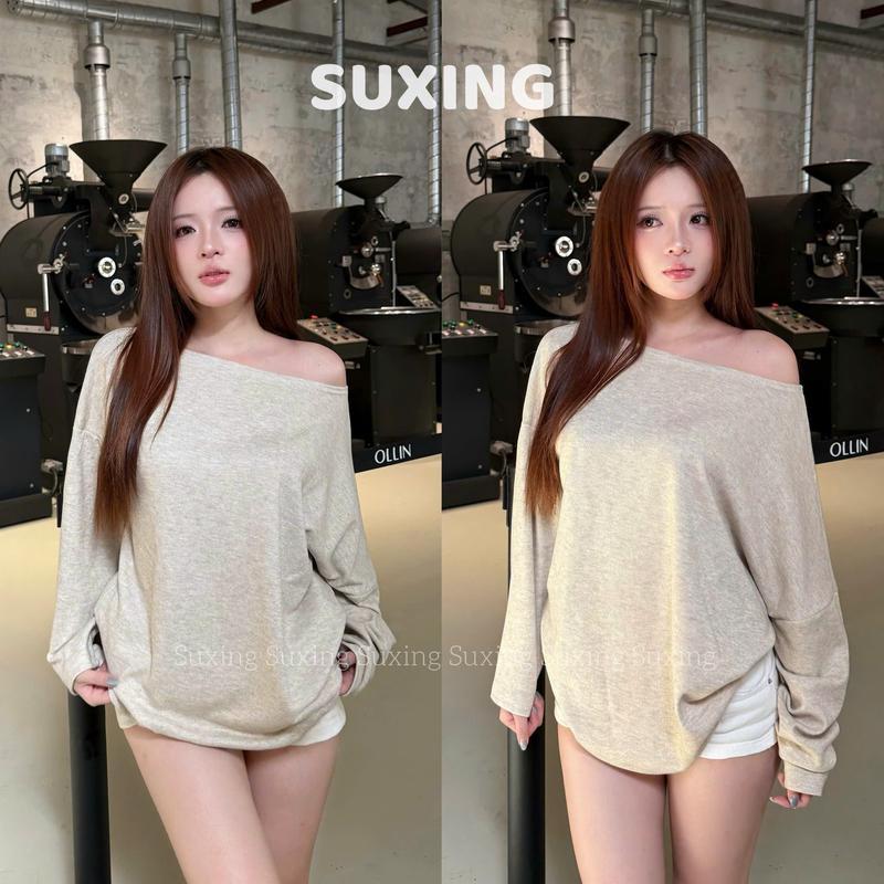 SUXING Áo lệch vai dài tay, Áo thun dài tay lệch vai chất thun tăm thỏ mềm mại Nữ - S104