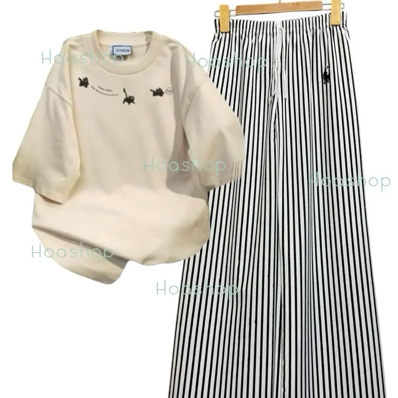 ￼Set bộ áo thun cotton form rộng mix quần xuông kẻ dọc thêu ngựa hot women 6