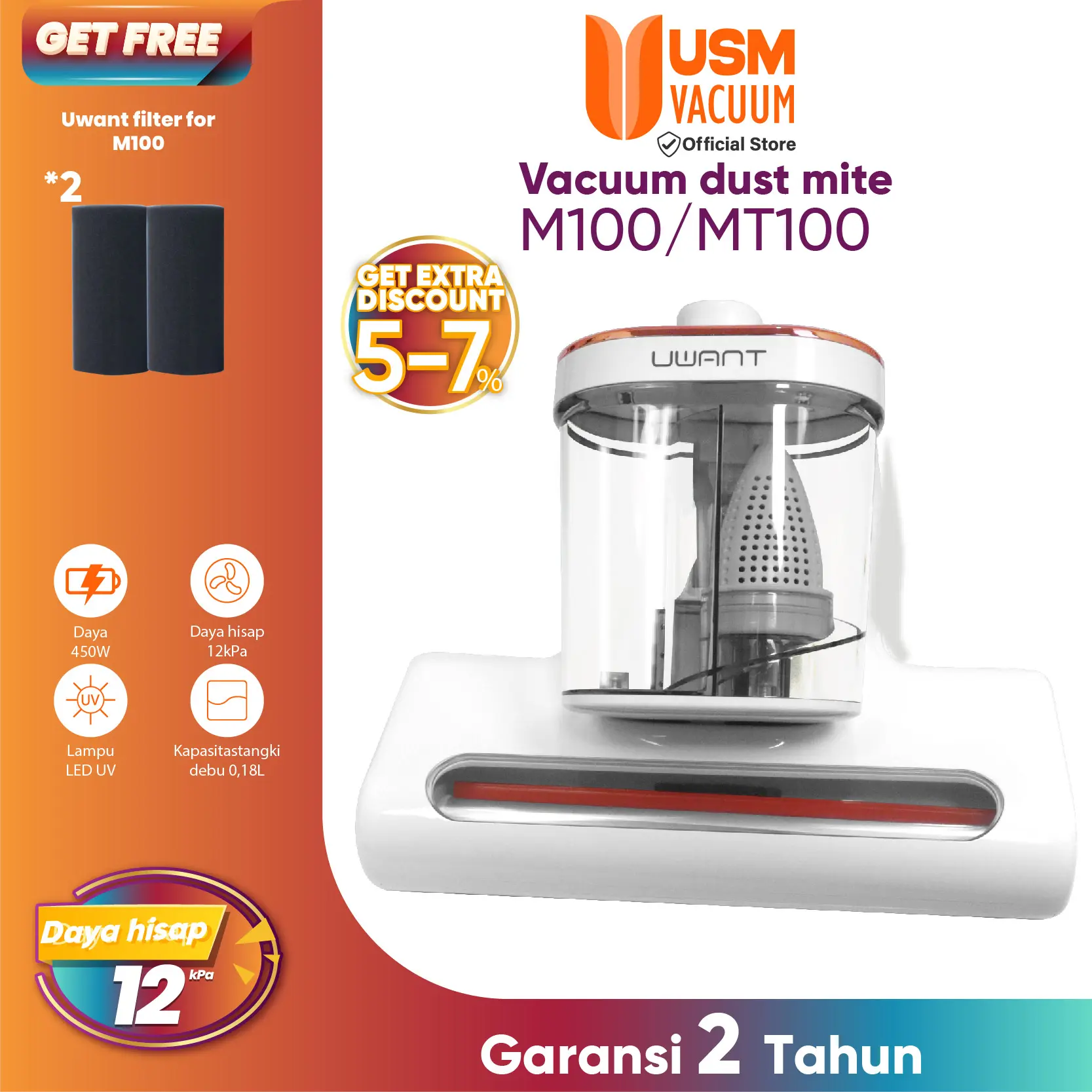 【LIVE EKSKLUSIF】Uwant MT100 M100 Dust Mite Detektor Tungau Debu Cangkir Ganda Mite Vacuum Kabel Pembersih 12Kpa