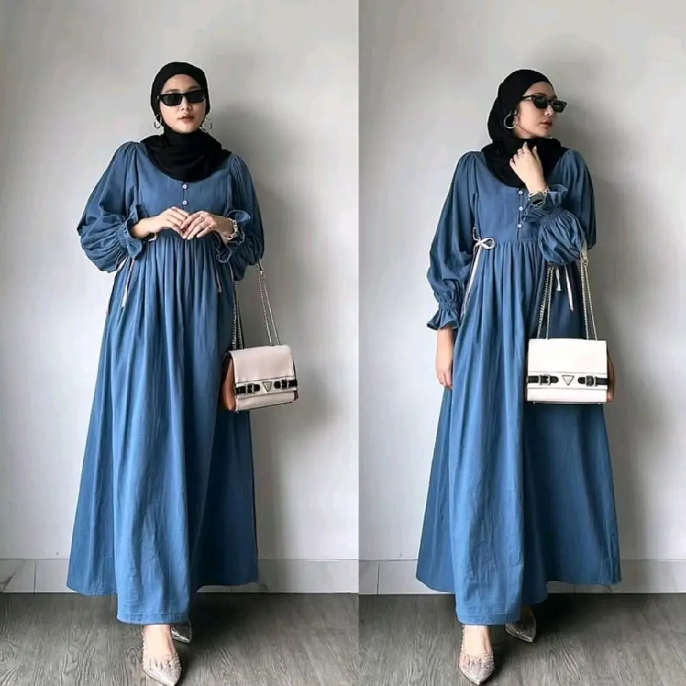Gamis Muslim Wanita Elsira Burgundy Maxi Dress Variasi Kancing Crinkle Airflow Premium | Gamis Kondangan Nyaman | Gaun Pesta Syari Mewah