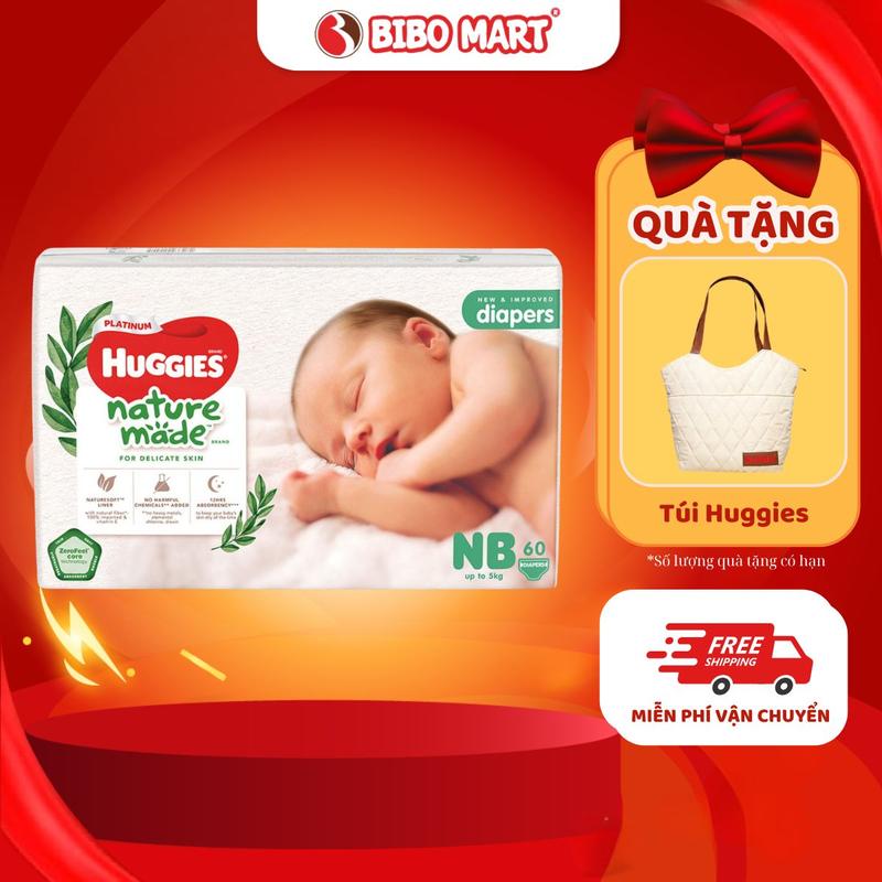  Bỉm - Tã Huggies Platinum Nature Made Thấm Hút Khóa Tràn Vượt Trội Size NB60 Cho Bé Trai Bé Gái  Giao hàng ngẫu nhiên  