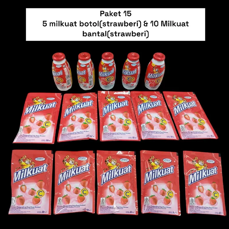 paket 15 milkuat(5 botol susu milkuat jeruk/stroberi  65ml + 10 pcs susu milkuat bantal Cokelat/stroberi 50ml)milk 2