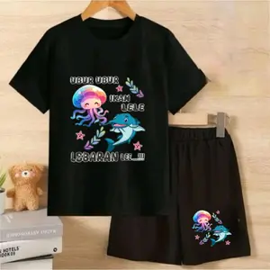 Kaos Setelan Lebaran Baju + Celana Anak Laki-laki Dan Perempuan Untuk Usia 2-12 Tahun Motif Ubur-ubur Ikan Lele Baju Fashion Anak Lengan Pendek Bahan Katun Sablon Berkualitas