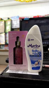 Product Review of PAKET MENCERAHKAN BADAN MARINA UV WHITE HEALTHY AND GLOW DAN HOUSE OF BEAUTY WHITE DOSE BODY SERUM 50 ML NEW YOUTH SKIN REVOLUTION Lotion Tubuh Pencerah from L**a 0
