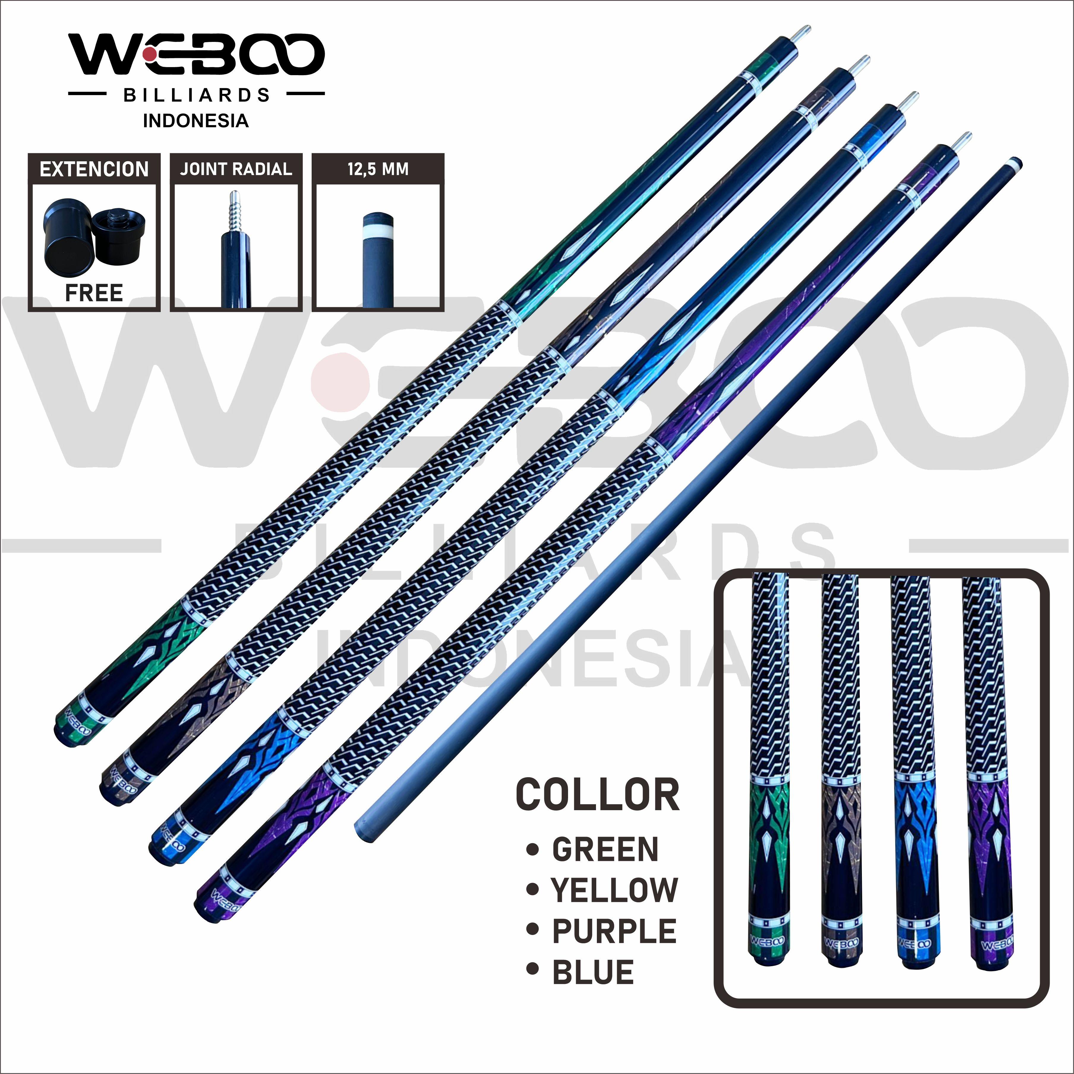 WEBOO Stick Billiard Weboo Cue Series 4 Carbon Full Low Deflection Diameter 12.5mm Joint Uniqlo Bonus Extention Warna Green Purple Yellow Blue