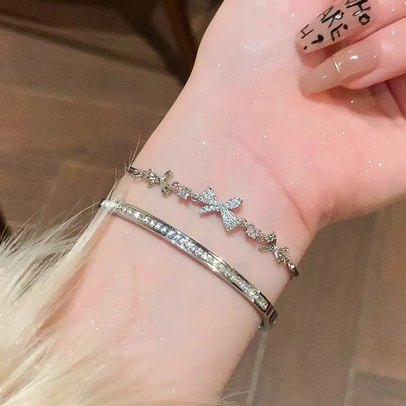 【Promosi Super】COD Gelang Titanium Anak Perempuan Busur Berlian Perak Aksesoris Estetika Korea Busur Perhiasan Titanium Asli Fashion 2