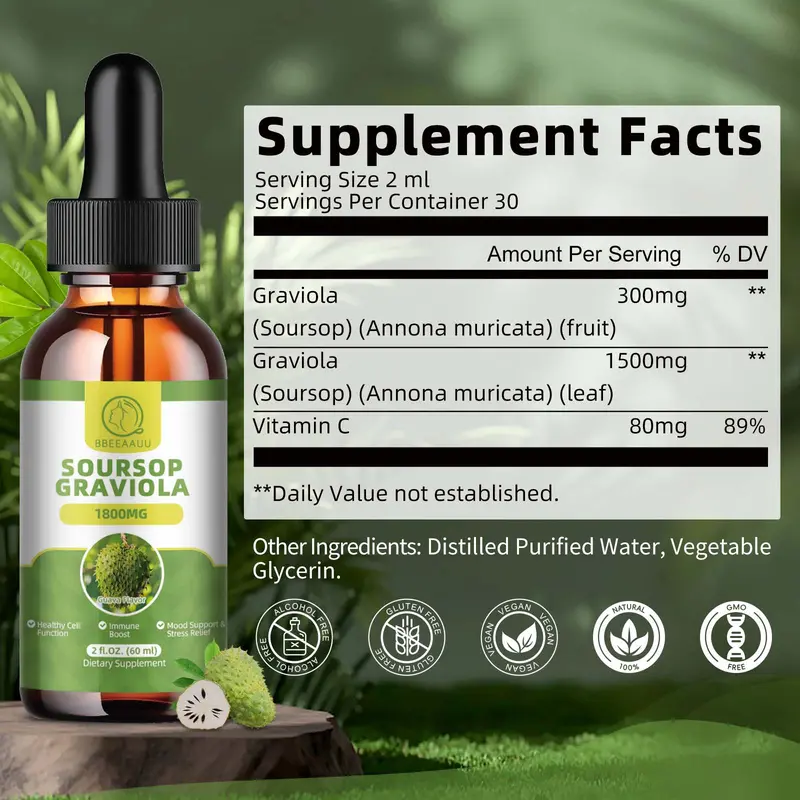 Product Introduction of Soursop Graviola Herbal Drops Multivitamin, 60ml, 2 Fl Oz, Organic Soursop Leaf Extract Soursop Oil, Soursop Bitters Liquid,  Vitamin, Dietary Fiber 5