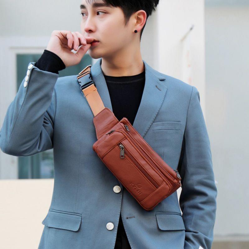 Beg Pinggang Dada Silang Sling Galas Lelaki Kulit PU Waterproof Man Pouch Men Waist Chest Crossbody Bag PU Leather QL003 Bag 4U Kalis Air 4