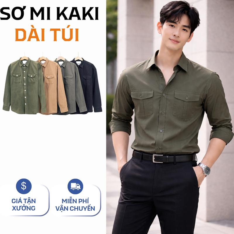 Áo Sơ Mi Kaki Dài Tay 2 Túi Ngực Chất Liệu 100% Cotton Form Slim Fit Thoáng Mát Phù Hợp Mọi Hoạt Động Hàng Ngày