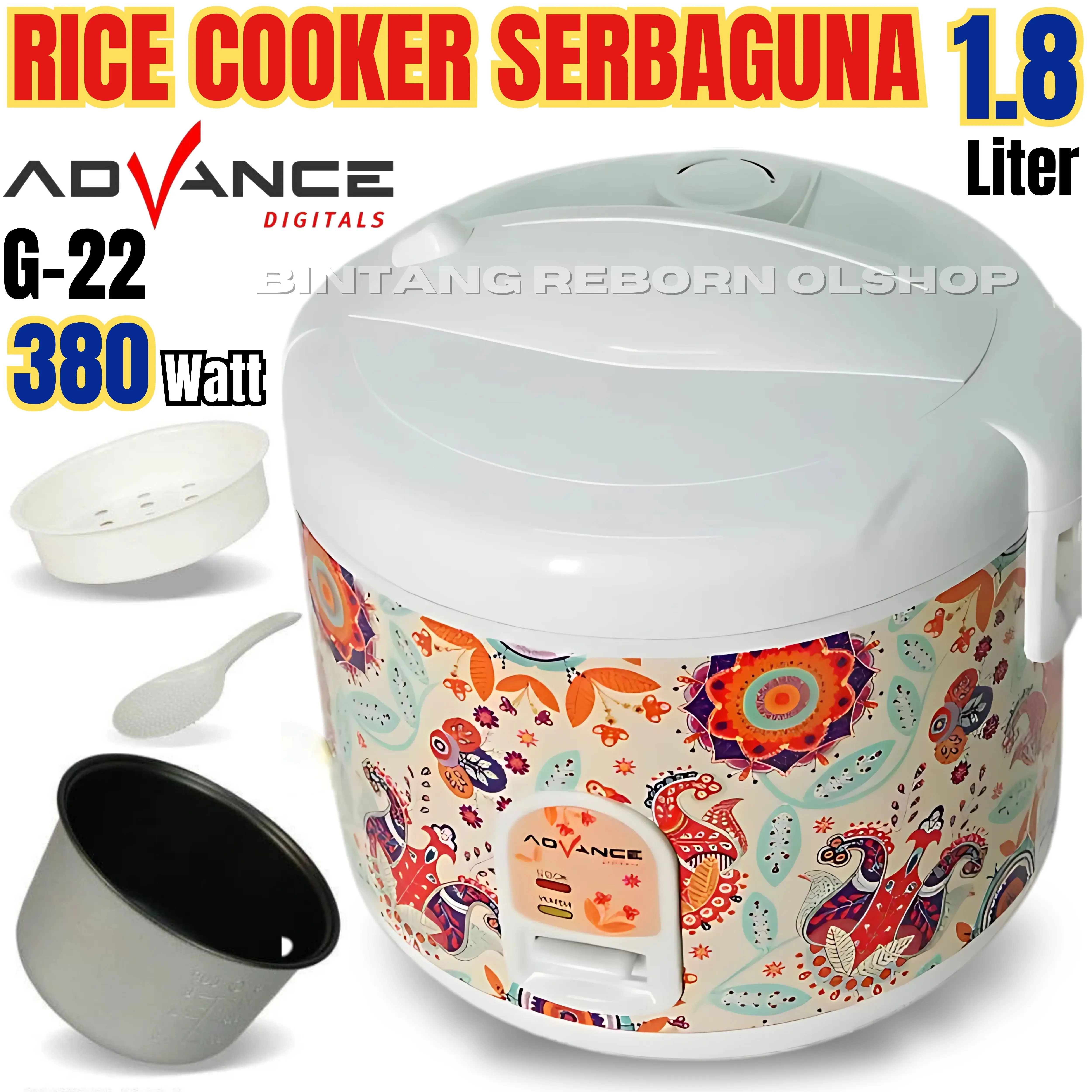 Advance G22 Mini Rice Cooker 1,8 Liter Penanak Nasi 3IN1 - Magicom / Mejikom Advance 1,8 Liter Rice Cooker Serbaguna 100% ANTI LENGKET 380 Watt - 3 in 1 Menanak, Menghangatkan dan Mengukus | Advance G-22 Rice Cooker Mini 1.8L Penanak Nasi Serbaguna