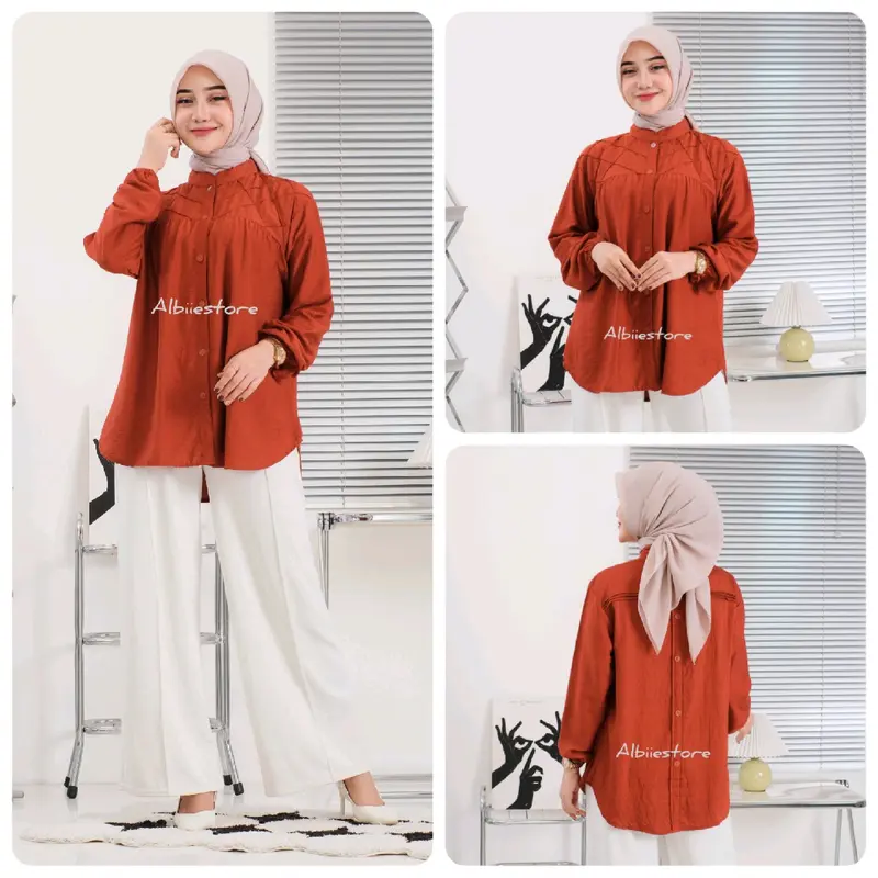 Kemeja Wanita LAURA Lengan Panjang Bahan Pololinen Baju Atasan Cewek Variasi Kancing Belakang 0