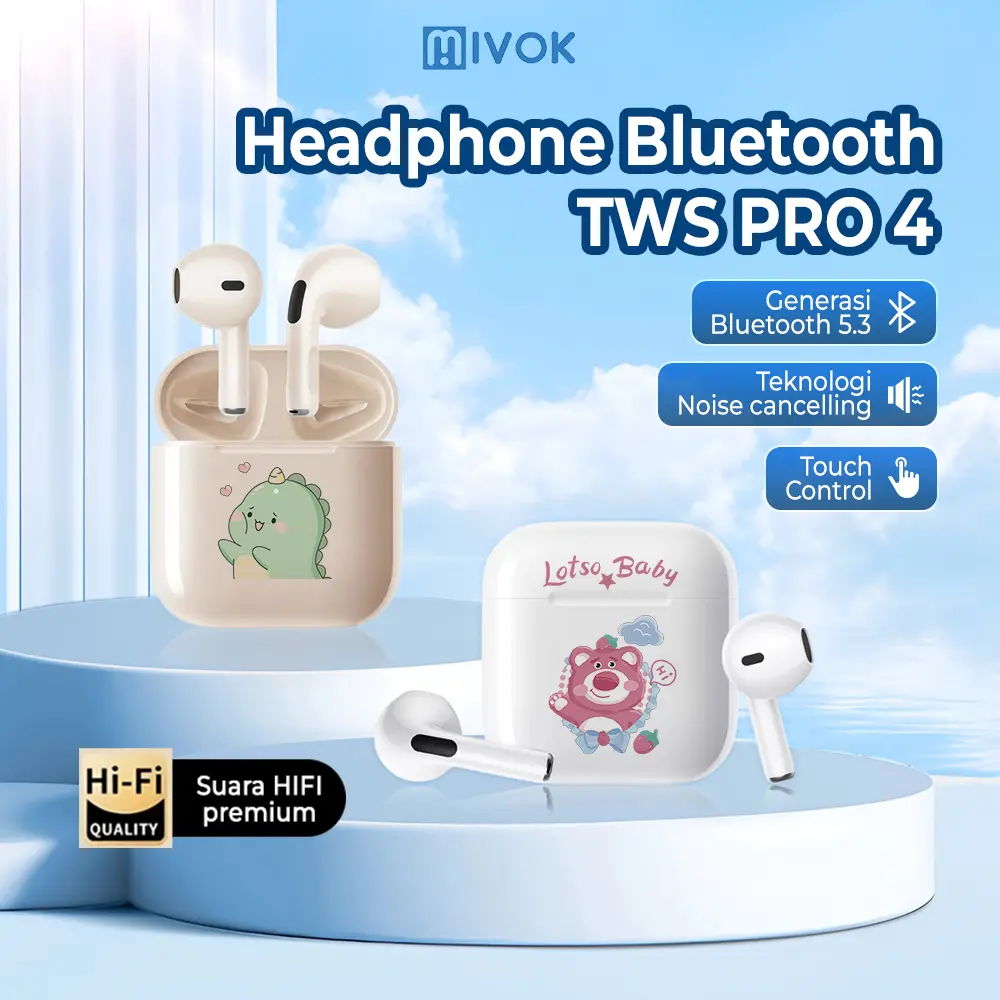 【MIVOK】 PRO 4 TWS Headphone Bluetooth Bluetooth Headset Nirkabel Headphone Kartun Kontrol Sentuh Earphone Olahraga Bass Stereo