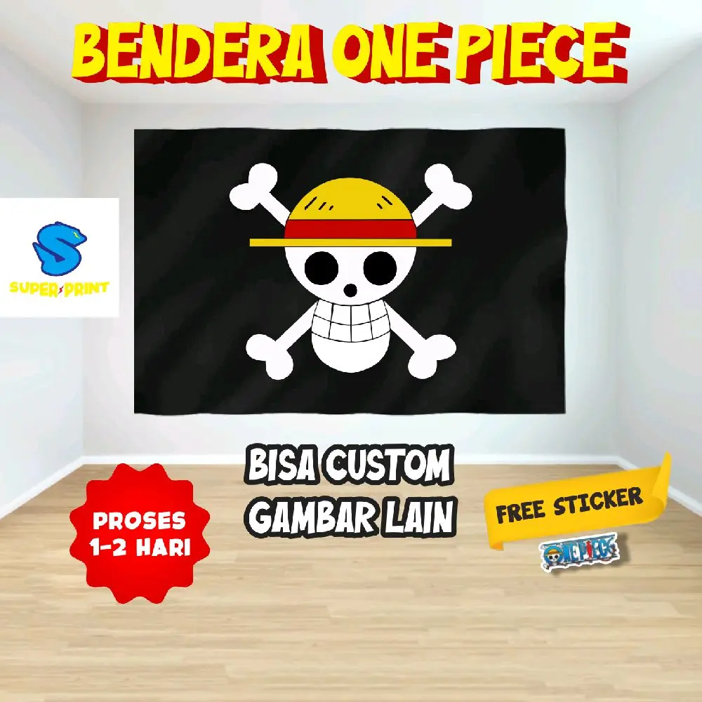 HIASAN DINDING BENDERA ONE PIECE ( BISA CUSTOM GAMBAR ) BISA ( COD ) + FREE STICKER ( BISA COD ) bendera  tc import