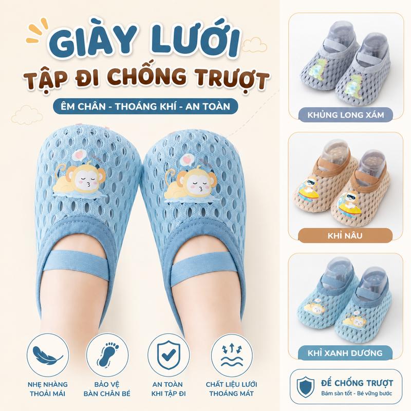 Giày Tập Đi Cho Bé Trai và Bé Gái , Giày Lưới Đế Mềm Thoáng khí đế cao su Chống…