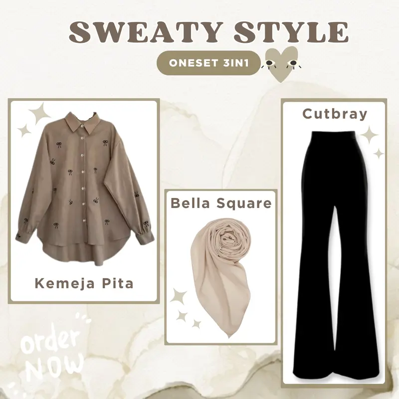 One Set Wanita Hijab OOTD Kekinian 3 in 1 ( Kemeja Pita + Cutbray + Jilbab Bella Square ) Baju Setelan - LT064 Linen Casual Remaja Muslim Nyaman 1