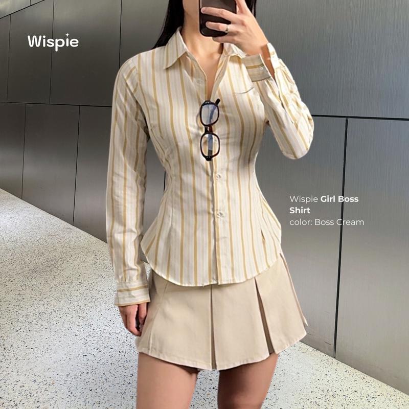 Wispie Girl Boss Fitted Shirt | Kemeja kerja wanita fit garis stripe karet Lembut pink hijau biru 1