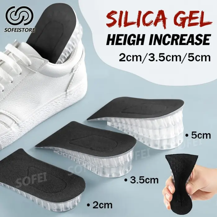 【SOFEISTORE】5cm Height Increase Heel Pad 3-layer Gel Adjustable ShoeInsert Men Women Invisible Insoles