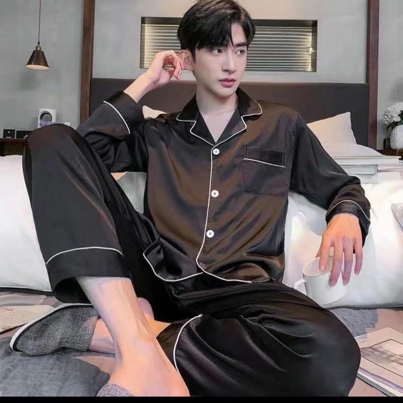 Bộ đồ ngủ nam nữ  , bộ lụa xuân thu quần  Đùi áo cộc đen, xám,xanh than,xanh lá,nâu viền trắng chất lụa cao cấp Menswear Có Cổ