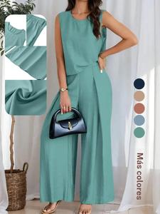 Conjunto de dos piezas para mujer: top sin mangas de color sólido con abertura en la espalda y pantalón de pierna ancha; estilo casual para el verano, ropa femenina para uso diario.