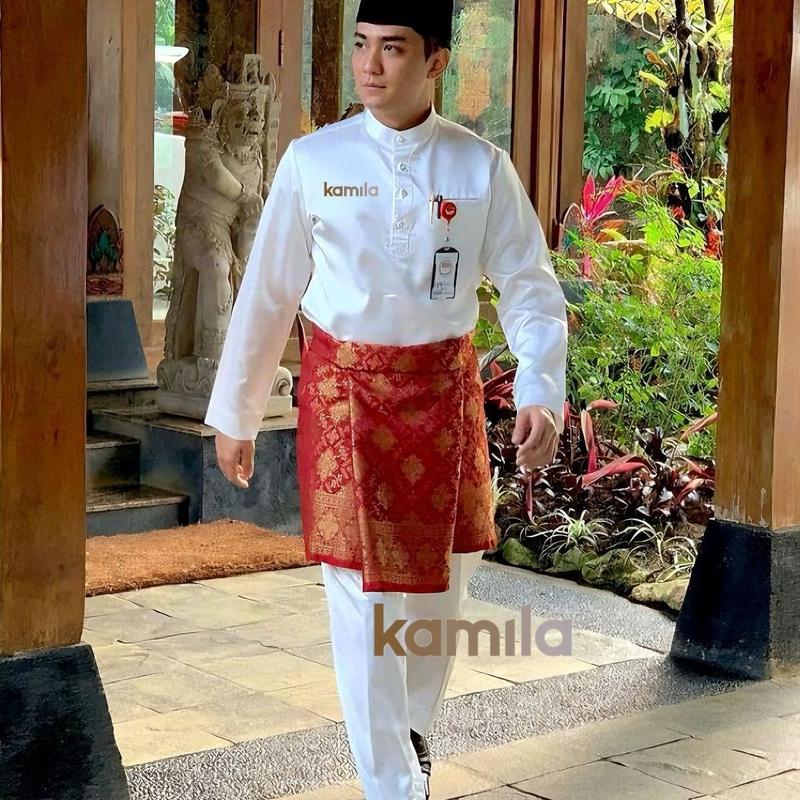 (Setelan Baju + Celana)~ Broken white/baju melayu pria malaysia/teluk belanga satin silk viral kerah sanghai 0