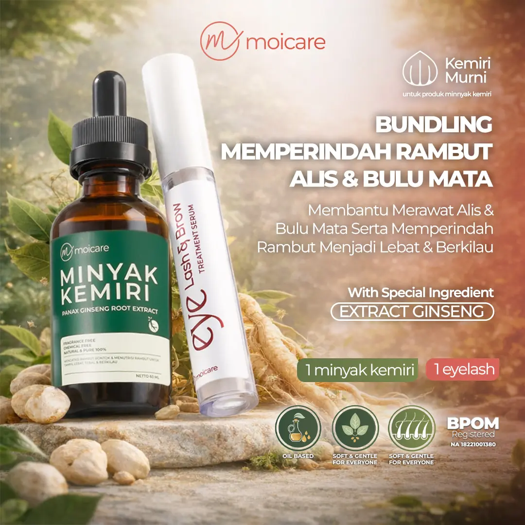 Moicare Paket 2 pcs – Minyak Kemiri Ginseng + Eyelash & Brow Serum | Perawatan Rambut & Alis
