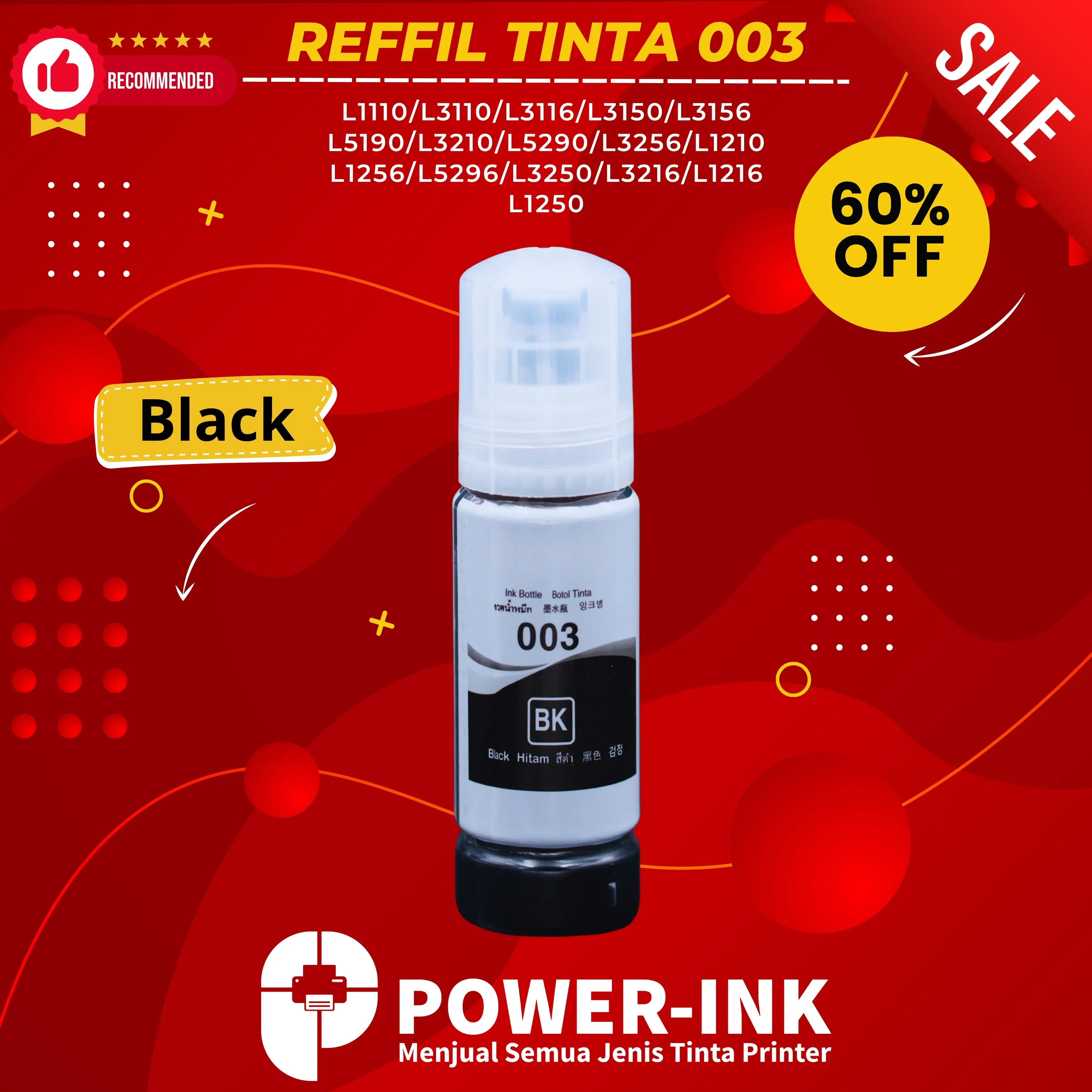 Reffil Tinta 003 PREMIUM UNTUK PRINTER SERIES L1110/L3110/L3210/L3150/L3156/L5190/L3116/L5290/L3256/L1210/L1256/L5296/L3250/L3216/L1216/L1251/L1250