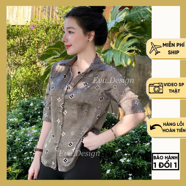 ( Vải Đính Đá ) Áo Sơ Mi Nữ Lụa Họa Tiết Màu Ghi Xám