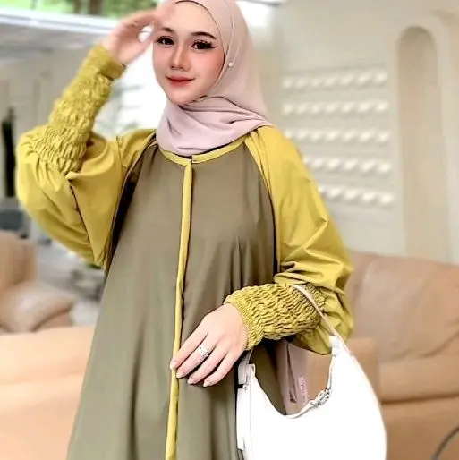 Gamis elegan motif kombi Gamis Menyusui Tangan Karet Gamis Muslim Nyaman Gamis Wanita M0del Samping Tebal Dress Santai Kain Hitam Lembut