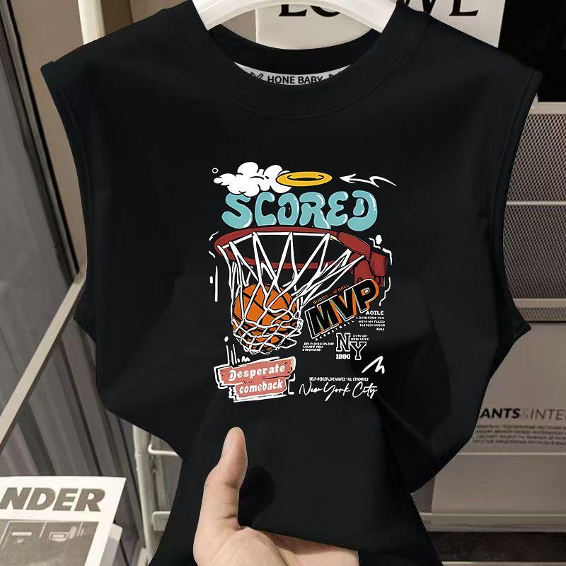 Rompi longgar tanpa lengan bergaya Amerika warna hitam putih untuk latihan kebugaran pria, atasan pria kasual dan serbaguna untuk sehari-hari, kaos pria.