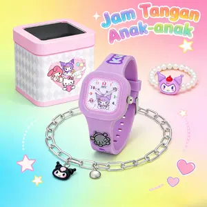 〖4 IN 1〗jam tangan anak anak Perempuan kuromi SET Jam Tangan Kasual Korea Gelang Jam Tangan Fashion Jarum jam memiliki fungsi cahaya malam