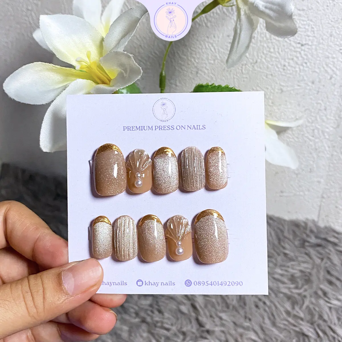 Kuku palsu/ nail art/ press on nails cat eye emboss 3D warna coklat nude motif kerang Free Toolkit