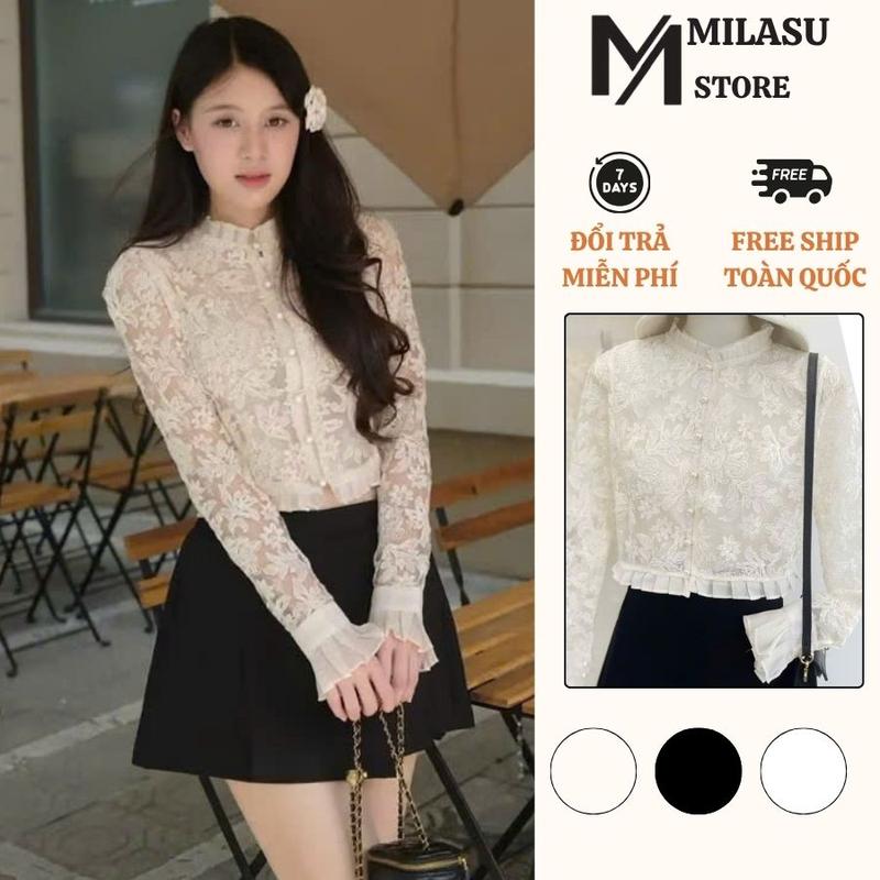 Áo Sơ Mi Ren Hoa CropTop Dáng Ngắn Cài Nút Ngọc Milasu Áo Dài Tay Viền Bèo Phối Voan Xếp Ly Ống Loe 497