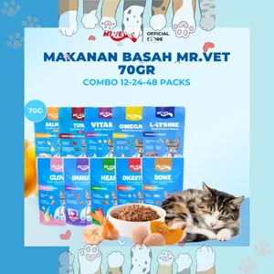 Mr. Vet Cat Pouch - Makanan Basah 70g Vitamin, Omega-3 dan L-Lysine, samol, tuna, glow, bone, digestion, immune, heart